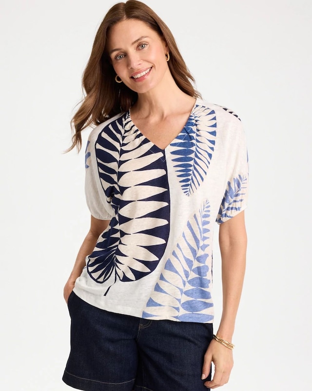 Leaf Print Linen Ruched V-Neck Tee - image 1